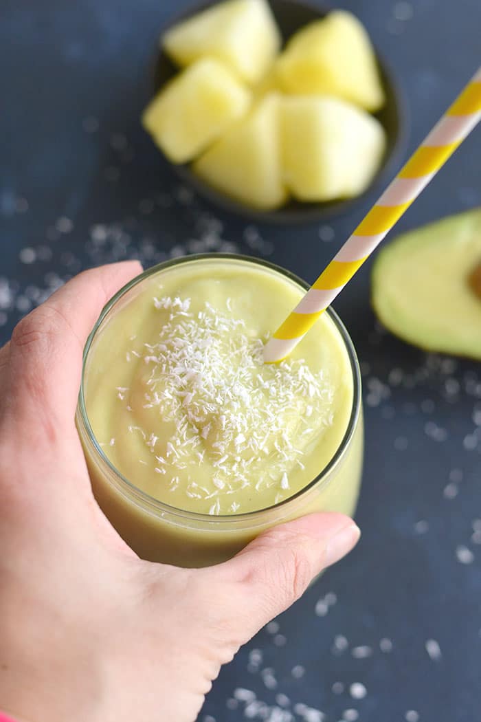This Piña Colada Avocado Smoothie is a great way to start the day! Packed with fiber, Vitamin C and antioxidants this energizing drink is easy to blend up ahead of time or in the morning. Paleo + Vegan + Gluten Free + Low Calorie