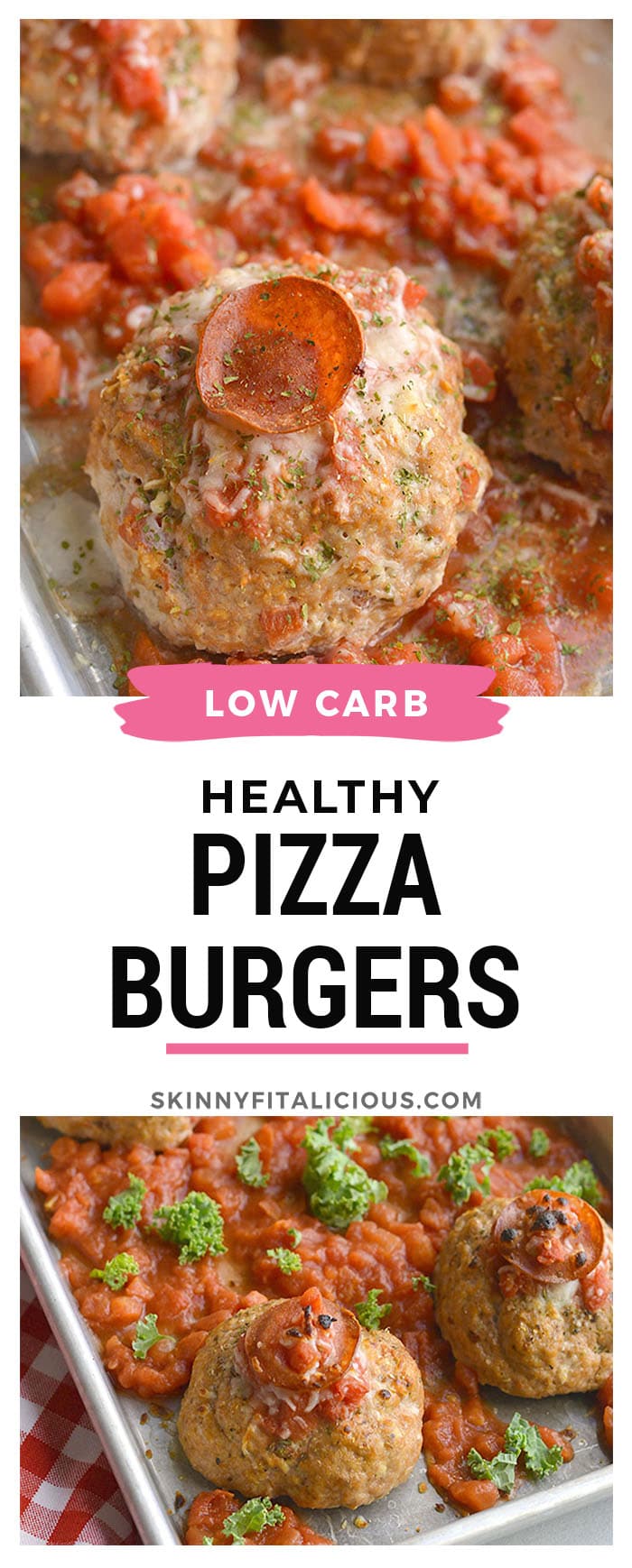 Healthy Pizza Turkey Burgers! Flavorful, protein-packed burgers bursting with delicious flavors! Made with wholesome ingredients and delicious seasonings and baked on sheet pan for a no fuss, easy meal. Gluten Free + Low Calorie + Low Carb