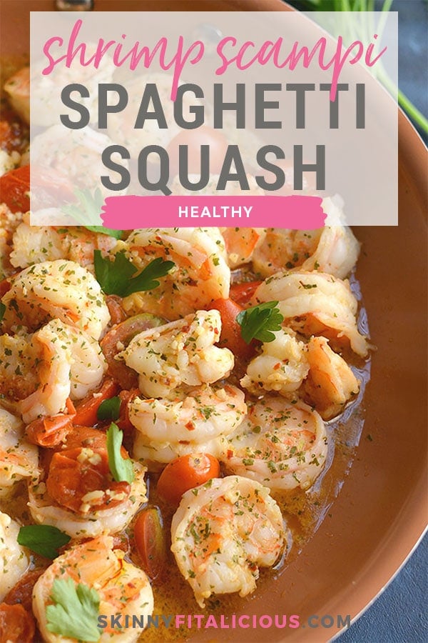 Healthy Shrimp Scampi Spaghetti Squash! Packed with flavor and simple to make. A lower carb meal with more nutrition by replacing pasta and a lightened up sauce with heart friendly ingredients. Gluten Free + Low Calorie