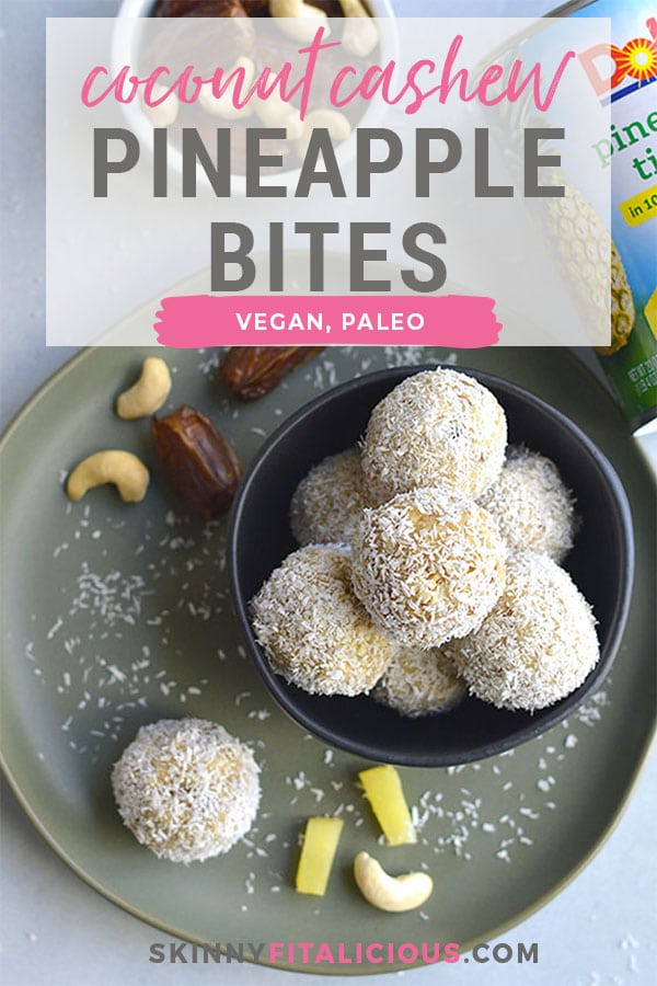 Coconut Cashew Pineapple Bites! These gluten free bites with a sweet pineapple inside and crunchy coconut cashew outside are the perfect bite sized snack! Paleo + Vegan + Gluten Free + Low Calorie