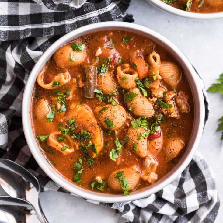 This High Protein Minestrone Soup is the best Instant Pot or slow cooker soup! Simple, healthy, delicious and nutritious. Get ready for an amazing tasting soup! Gluten Free + Low Calorie