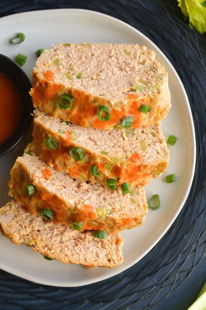 Low Carb Buffalo Chicken Meatloaf, a lighter traditional comfort food made healthier! Made sugar free with almond flour and tastes like mom's meatloaf. Easy to make and better for you. 