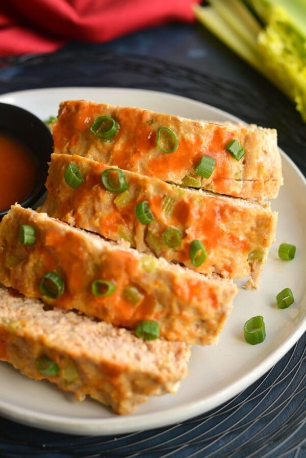 Low Carb Buffalo Chicken Meatloaf, a lighter traditional comfort food made healthier! Made sugar free with almond flour and tastes like mom's meatloaf. Easy to make and better for you.