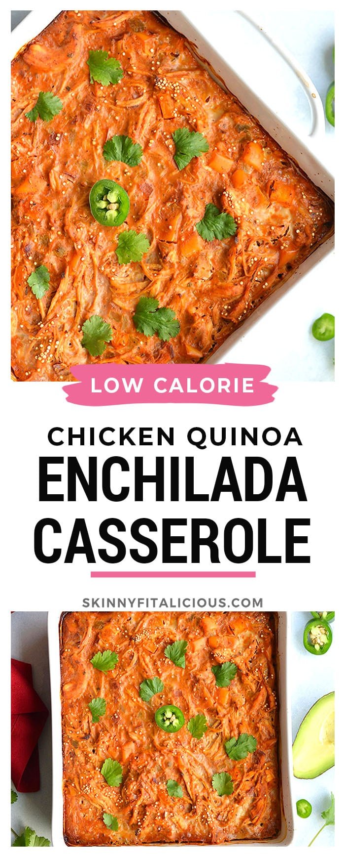 Chicken Enchilada Quinoa Casserole! A wholesome, low sugar casserole packed with protein and incredible flavor. Super easy to make ahead of time and family approved! Gluten Free + Low Calorie