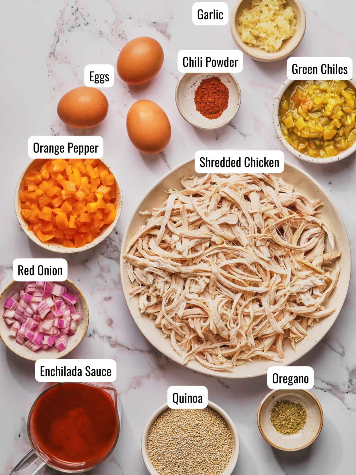 Ingredients needed to make chicken quinoa casserole with text labels on them.