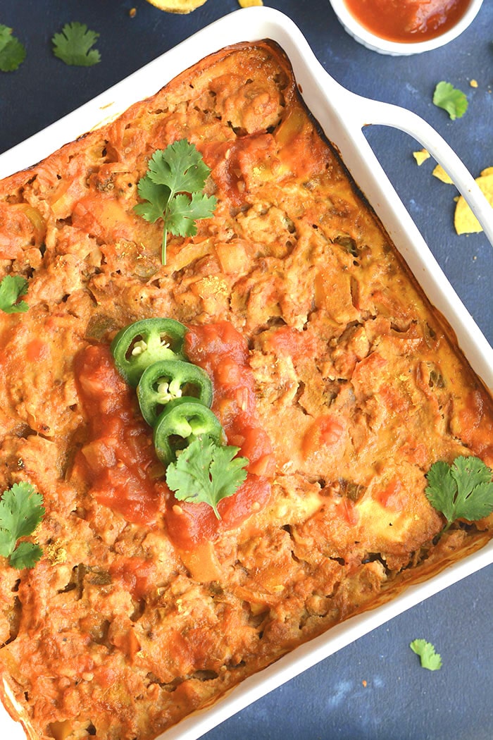 Low Carb Taco Salsa Casserole is a wholesome, protein packed meal with a kick! Super easy to make ahead, delicious and family approved! Low Carb + Paleo + Low Calorie + Gluten Free