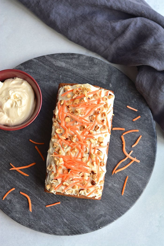 Gluten Free Banana Carrot Cake Bread is a healthier, refined sugar free bread the whole family will love! A one bowl recipe with a few simple ingredients. A wholesome bread for snacking that doubles as a healthier dessert. Gluten Free + Low Calorie