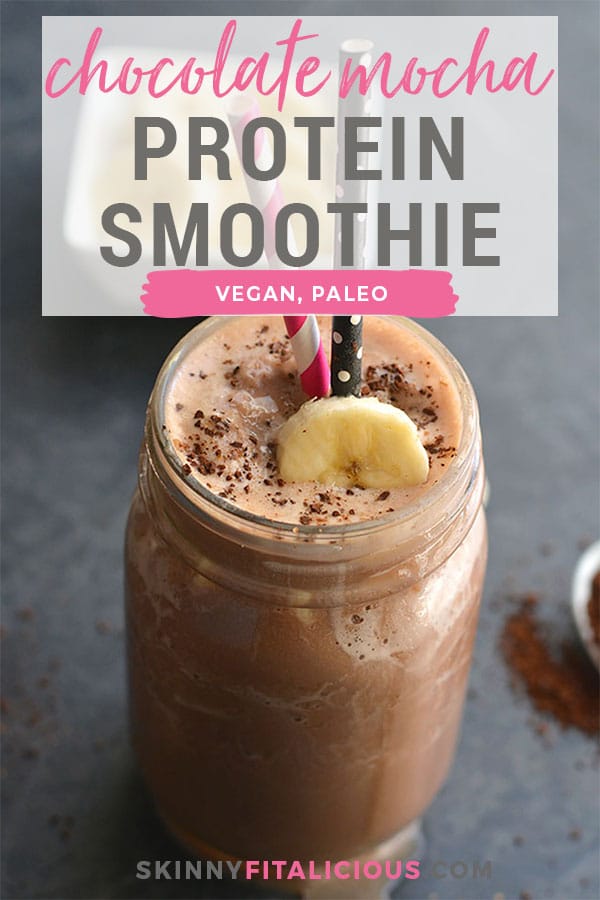 Chocolate Mocha Fudge Protein Smoothie! Get your caffeine fix with a plant based smoothie. Made with just 5 ingredients this smoothie is perfect for post workout recovery or a quick energy boost. Gluten Free + Low Calorie + Vegan + Paleo