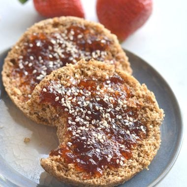 Gluten Free English Muffin! Made with 5 ingredients in the microwave. This breakfast bread doubles as sandwich bread and is a lighter and healthier way to enjoy bread! Low Calorie + Gluten Free + Vegan
