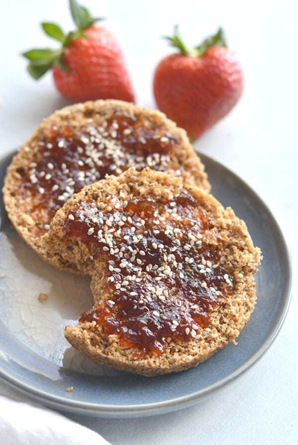 Gluten Free English Muffin! Made with 5 ingredients in the microwave. This breakfast bread doubles as sandwich bread and is a lighter and healthier way to enjoy bread! Low Calorie + Gluten Free + Vegan