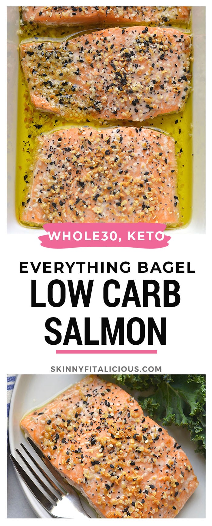 Everything Bagel Salmon! A healthy fish recipe that's Whole30 compliant and baked in 20 minutes. A quick and easy meal that is easy and delicious. Low Carb + Paleo + Whole30 + Keto + Gluten Free + Low Calorie