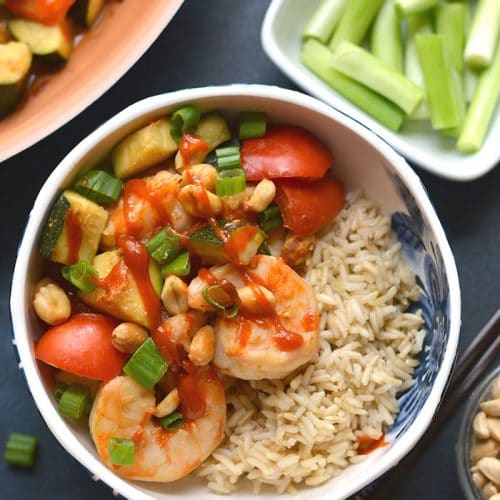 A healthy version of Chinese takeout, this Gluten Free Kung Pao Shrimp is healthy, soy free and dairy free. Sweet, spicy and ready in 20 minutes! Gluten Free + Low Calorie with Paleo option