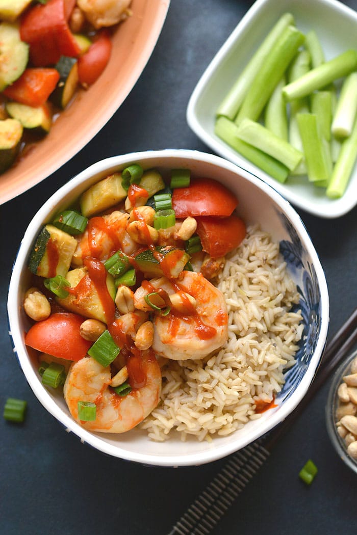 A healthy version of Chinese takeout, this Gluten Free Kung Pao Shrimp is healthy, soy free and dairy free. Sweet, spicy and ready in 20 minutes! Gluten Free + Low Calorie with Paleo option