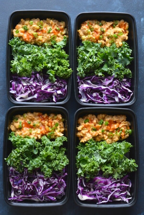 Meal Prep Buffalo Chickpea Salad! This Vegan salad is similar to a "chicken salad" without the meat. Made with chickpeas, hummus and buffalo sauce, this recipe is an easy lunch, dinner or appetizer. Vegan + Gluten Free + Low Calorie