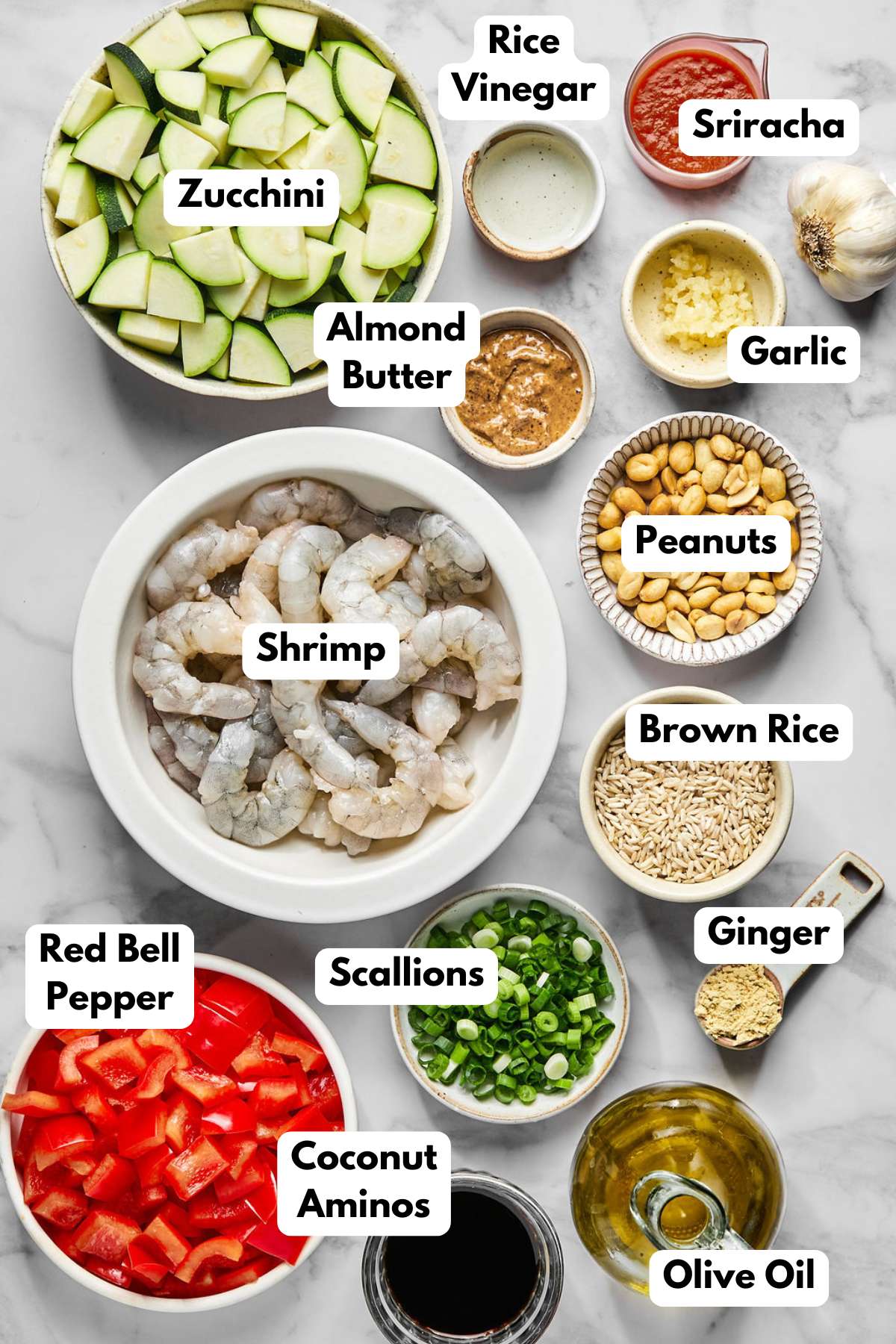 Ingredients to make kung pao shrimp laid out with text labels.