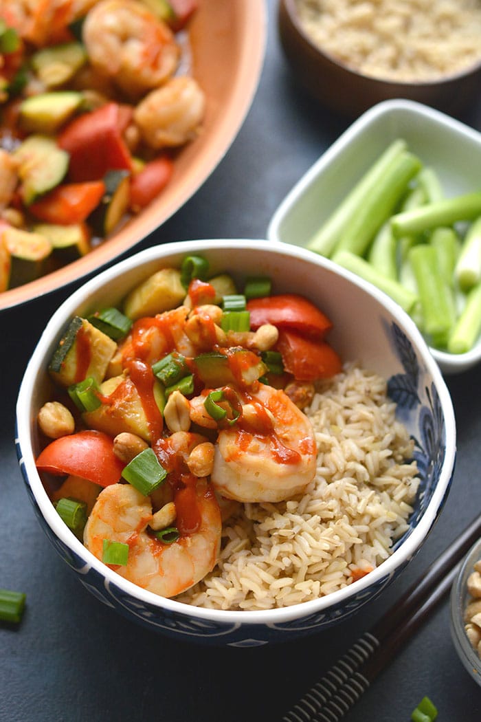A healthy version of Chinese takeout, this Gluten Free Kung Pao Shrimp is healthy, soy free and dairy free. Sweet, spicy and ready in 20 minutes! Gluten Free + Low Calorie with Paleo option
