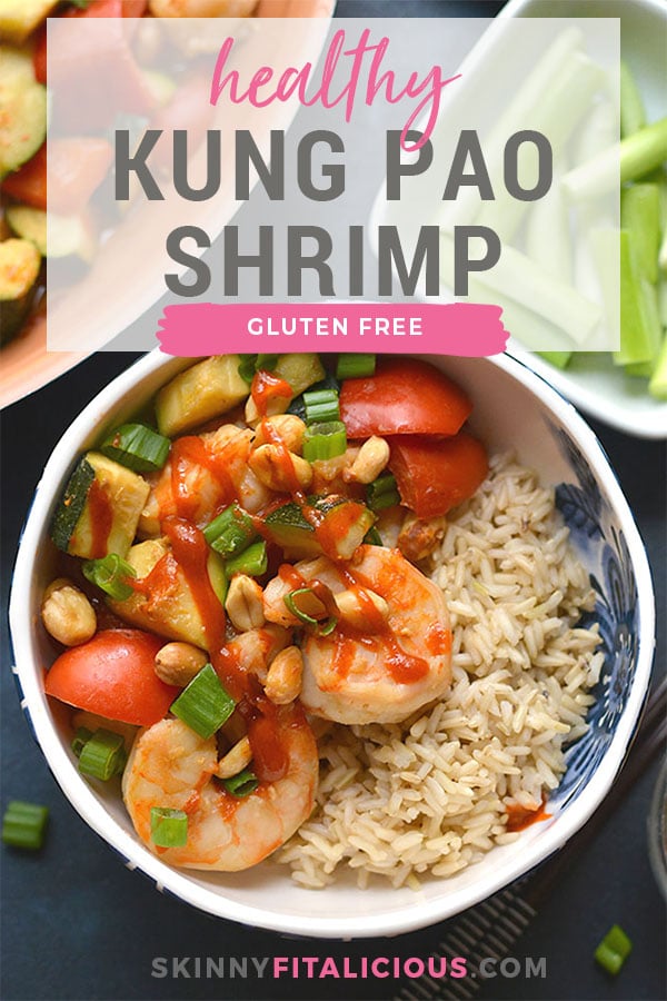 A healthy version of Chinese takeout, this Gluten Free Kung Pao Shrimp is healthy, soy free and dairy free. Sweet, spicy and ready in 20 minutes! Gluten Free + Low Calorie with Paleo option