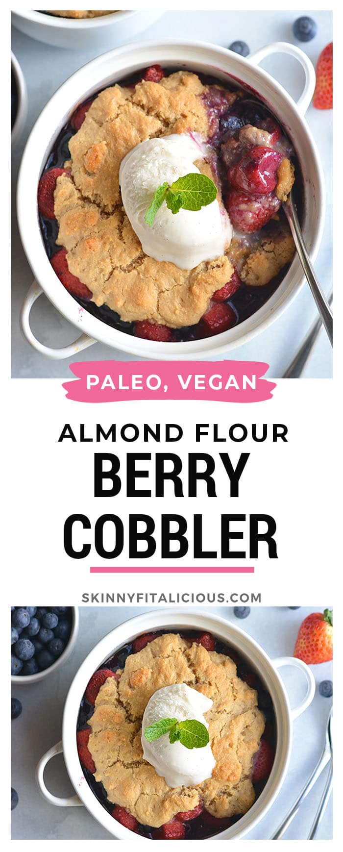 Paleo Berry Cobbler! An irresistible dessert with a delicious almond flour topping! Dairy free, Vegan friendly, easy to make and customize too!