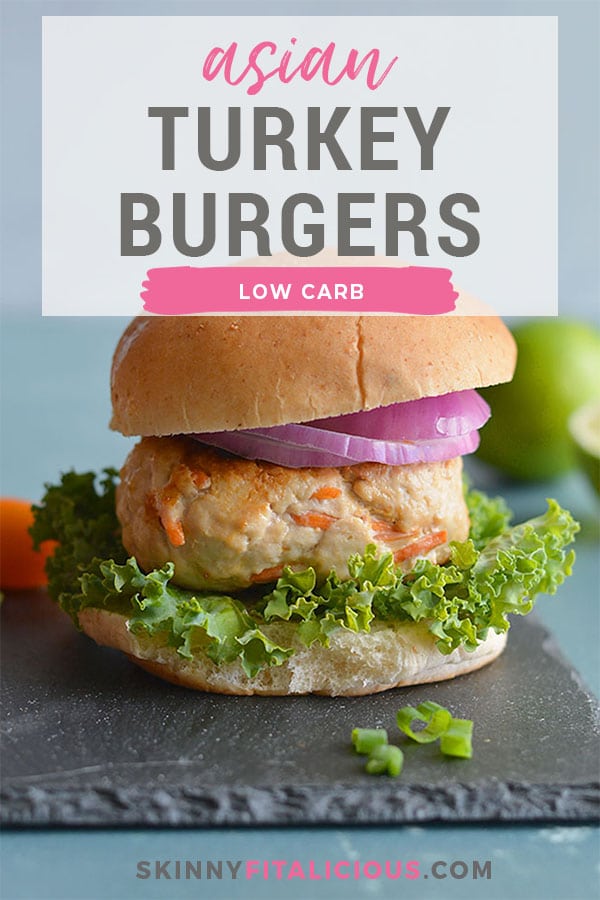 Low Carb Turkey Asian Burgers! Freezer friendly, soy free, veggie loaded burgers seasoned with Asian spice. Easy to make, healthy and great for meal prep!