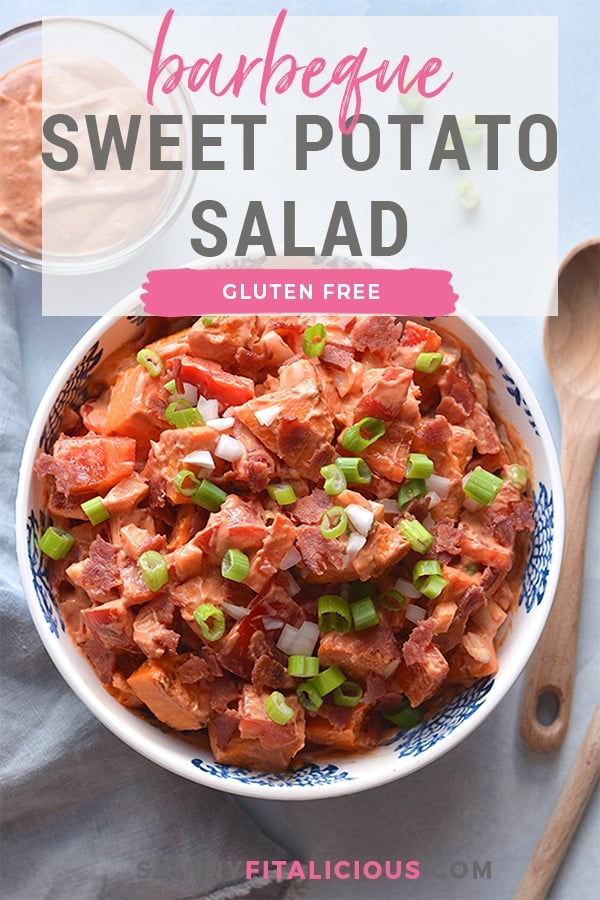 Greek Yogurt BBQ Ranch Sweet Potato Salad! Made with a homemade Greek yogurt ranch dressing and naturally sweetened BBQ sauce, this healthier potato salad is sure to be a hit at BBQ's and parties. Serve warm or cold, as a side or appetizer. Gluten free + Low Calorie