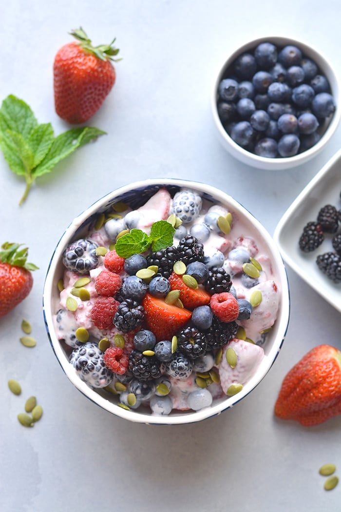 Coconut Greek Yogurt Fruit Salad! Made with fresh fruit, Greek yogurt, vanilla and coconut milk. This salad is a healthier spin on fruit salad. Paleo + Vegan options included. Low Calorie + Gluten Free