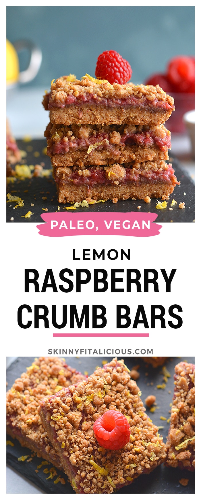 Paleo Vegan Raspberry Crumb Bars! Dairy-free, made with almond flour and wholesome ingredients! A truly addicting grain-free dessert that's good for you. Gluten Free + Low Calorie + Vegan + Paleo