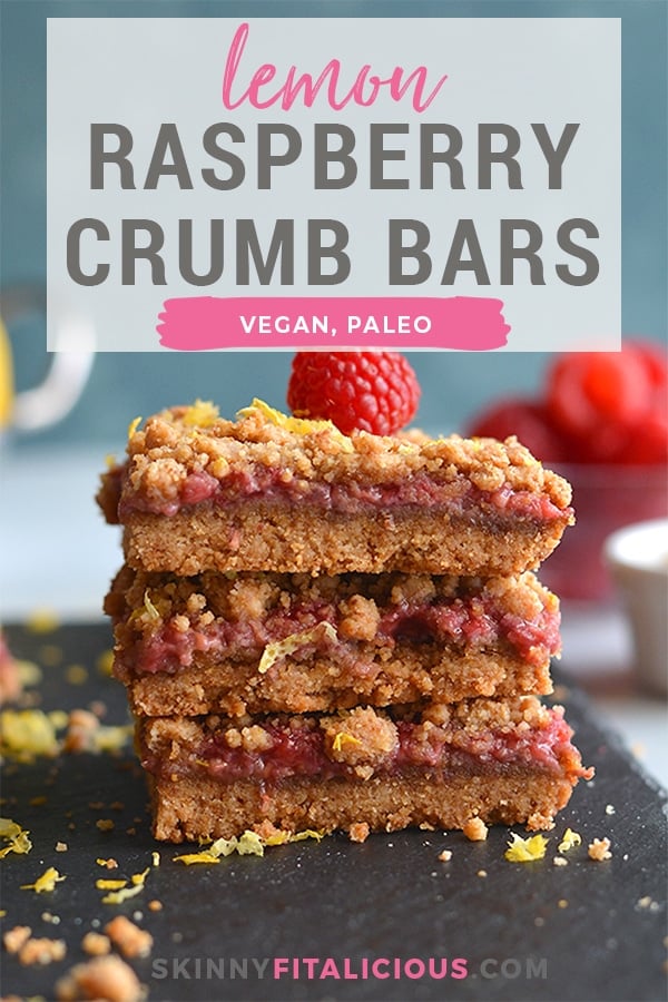 Paleo Vegan Raspberry Crumb Bars! Dairy-free, made with almond flour and wholesome ingredients! A truly addicting grain-free dessert that's good for you. Gluten Free + Low Calorie + Vegan + Paleo