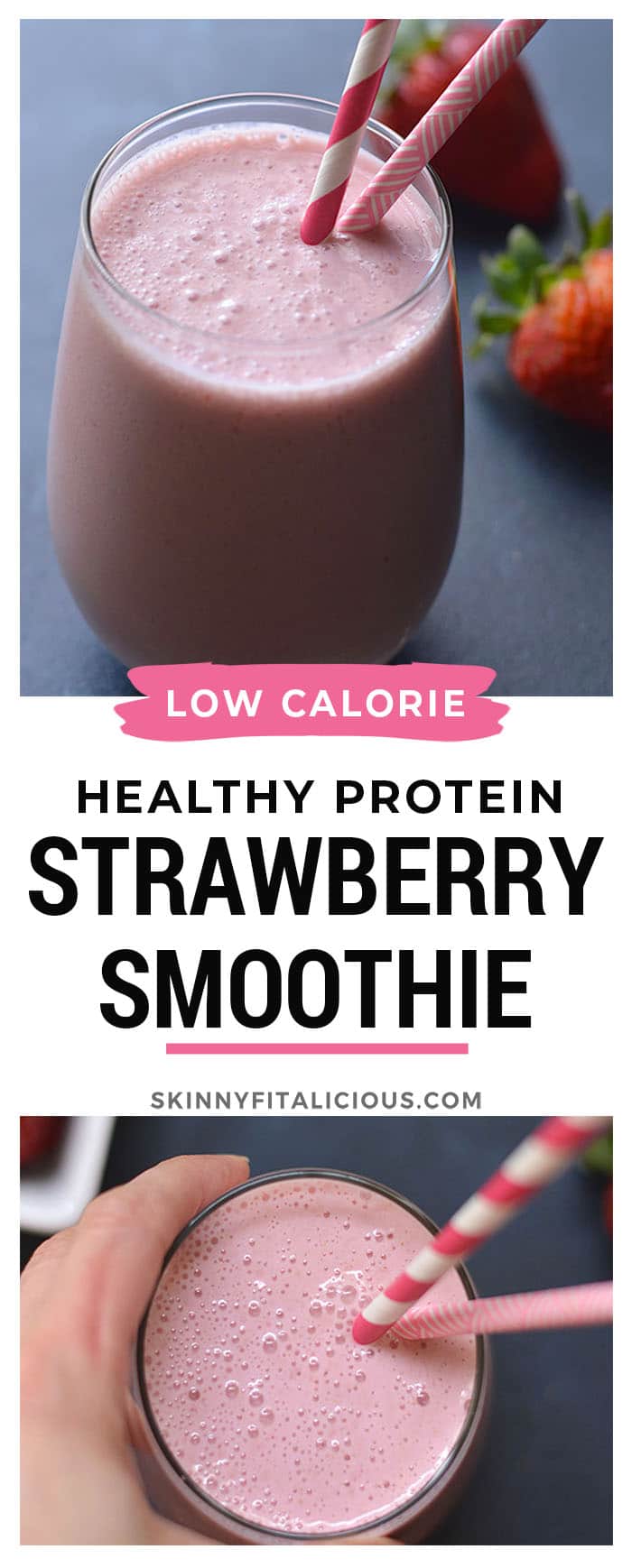 This Strawberry Greek Yogurt Smoothie is perfect for breakfast on the go. High protein with 3 ingredients and no added sugar. Rich in Vitamin C and antioxidants!