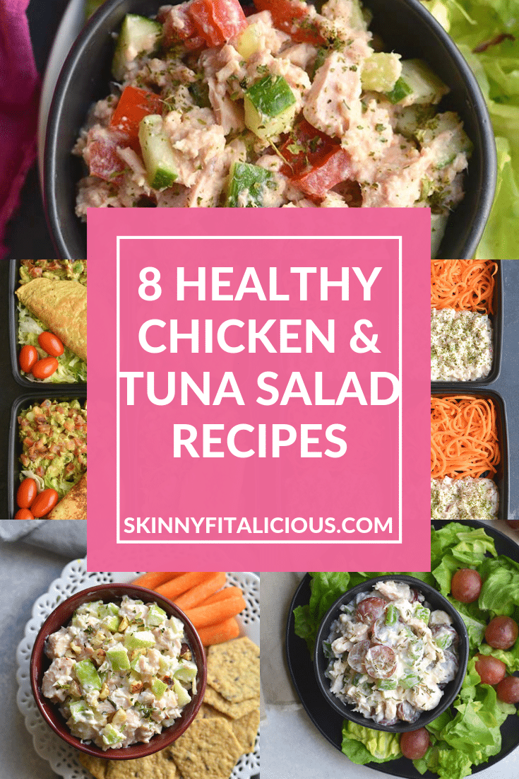 These 8 Healthy Chicken & Tuna Salad Recipes are delicious and take 10 minutes to prep for a healthy lunch. Made mayo free and higher protein to help you reach you're goals. These are my go to meals when life is too busy to cook.