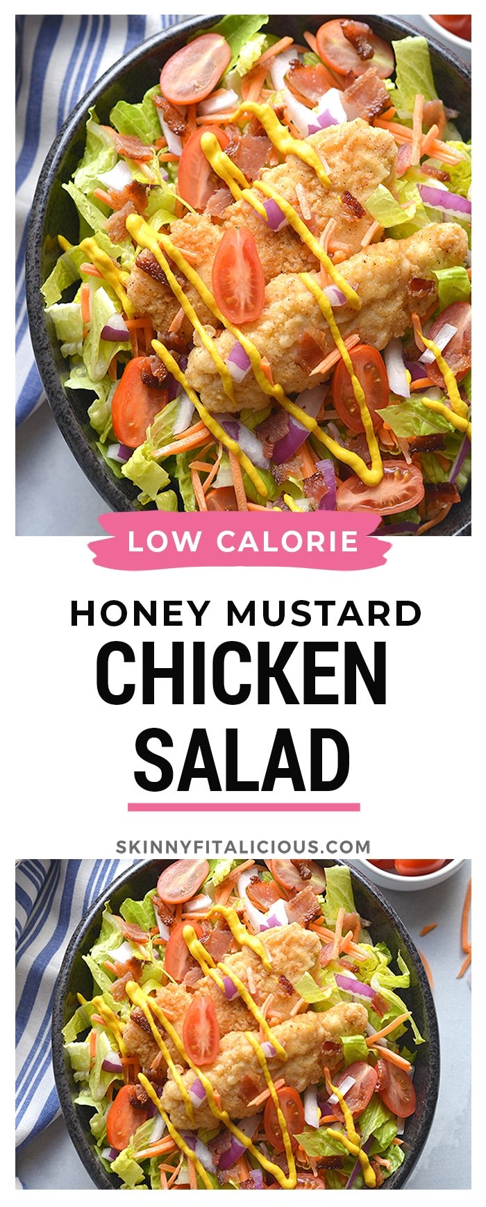 Paleo Honey Mustard Chicken Salad! Crispy almond flour tenders served over a bacon salad with a lightened up honey mustard dressing. A healthier mustard chicken that's family approved! Gluten Free + Paleo + Low Calorie