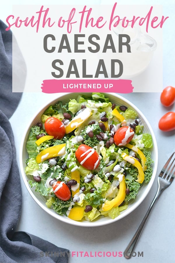 South Of The Border Caesar Salad! A classic salad made healthier with homemade Caesar dressing and a blend of kale and romaine lettuce. Topped with black beans and bell peppers for a Mexican flare. Gluten Free + Low Calorie