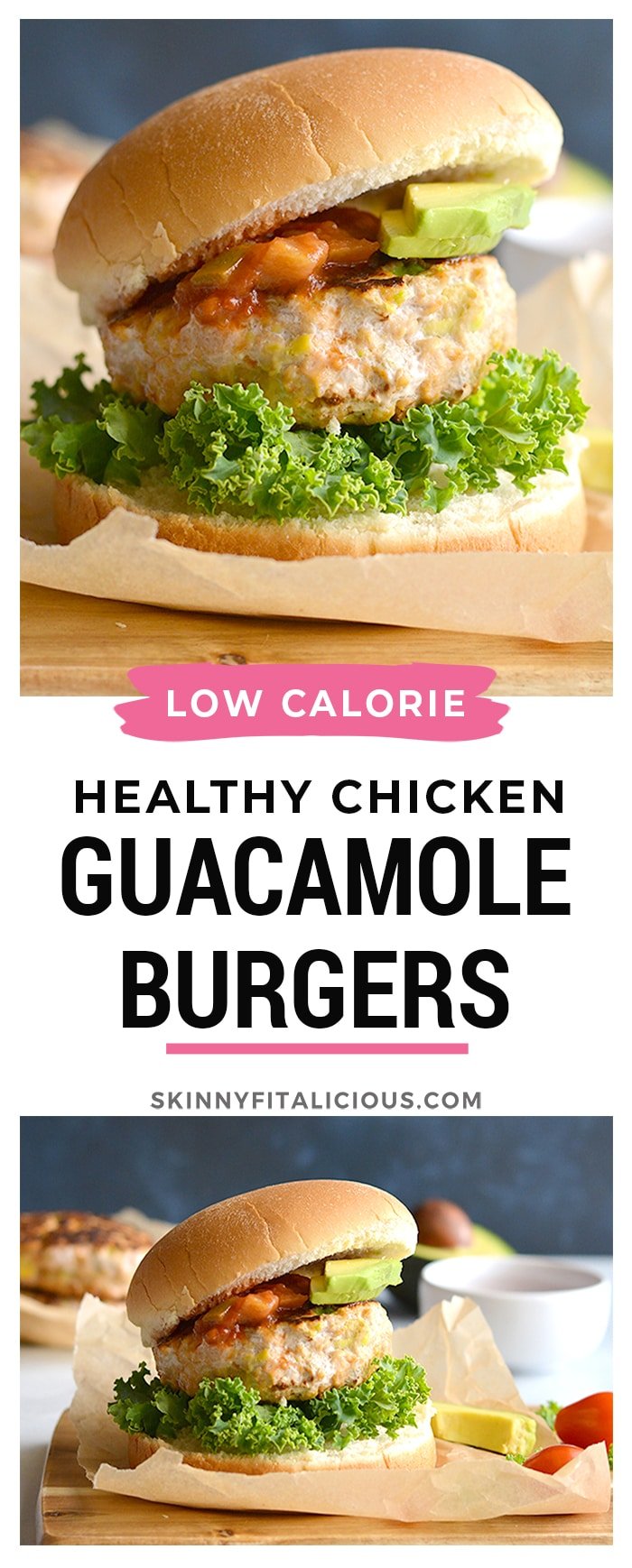 Chicken Guacamole Burgers! Stuffed with avocado and salsa, these easy burgers are juicy, tender and bursting with flavor. Take your traditional burgers up a notch with this EASY, healthy recipe. Low Carb + Paleo + Gluten Free + Low Calorie