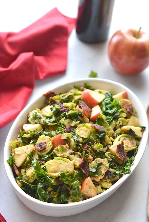 Whole30 Balsamic Bacon Apple Brussels Sprouts! A warm skillet salad that combines salty and tart flavors. Great for a quick appetizer or dinner side. Whole30 + Paleo + Gluten Free + Low Calorie