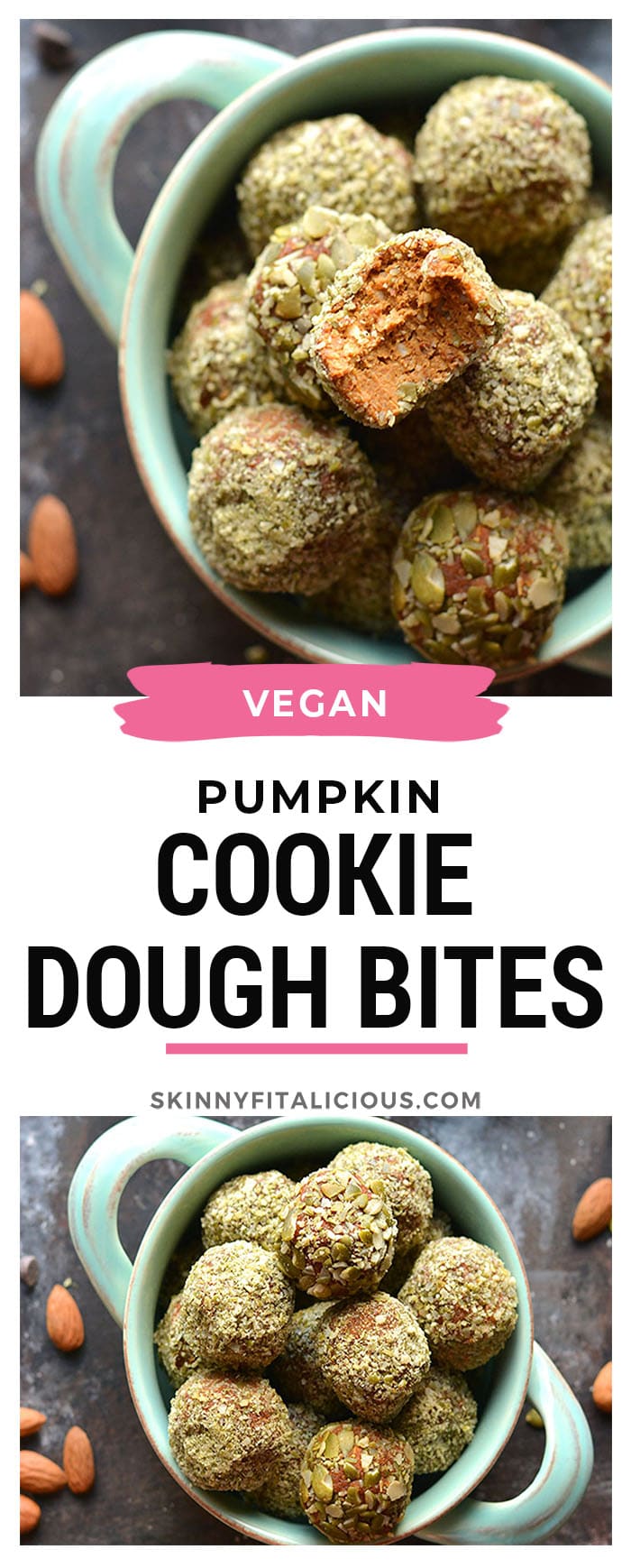 Pumpkin Cookie Dough Bites packed with a nutty, oat crunch on the outside and filled with warm, fall spices on the inside. A chocolatey treat that's deceptively healthy! Gluten Free + Low Calorie + Vegan