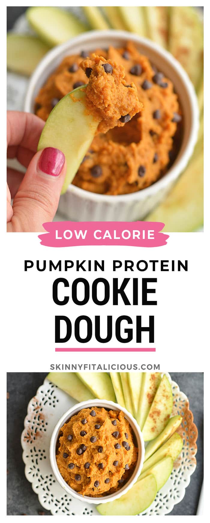 Pumpkin Protein Cookie Dough! A high protein dip for dipping fruit in or eating by the spoonful. EASY to make and tastes like cookie dough. Gluten Free + Vegan + Low Calorie + Paleo.