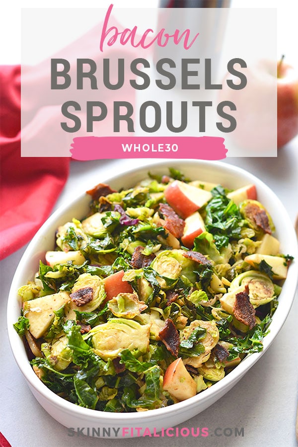 Whole30 Balsamic Bacon Apple Brussels Sprouts! A warm skillet salad that combines salty and tart flavors. Great for a quick appetizer or dinner side. Whole30 + Paleo + Gluten Free + Low Calorie