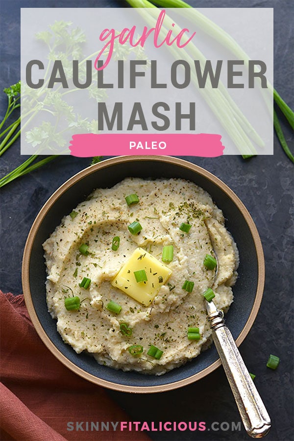 Gluten Free Roasted Garlic Cauliflower Mash! These creamy "potatoes" are a healthy low carb alternative to mashed potatoes. Made with simple, real food ingredients with the same consistency as real potatoes.