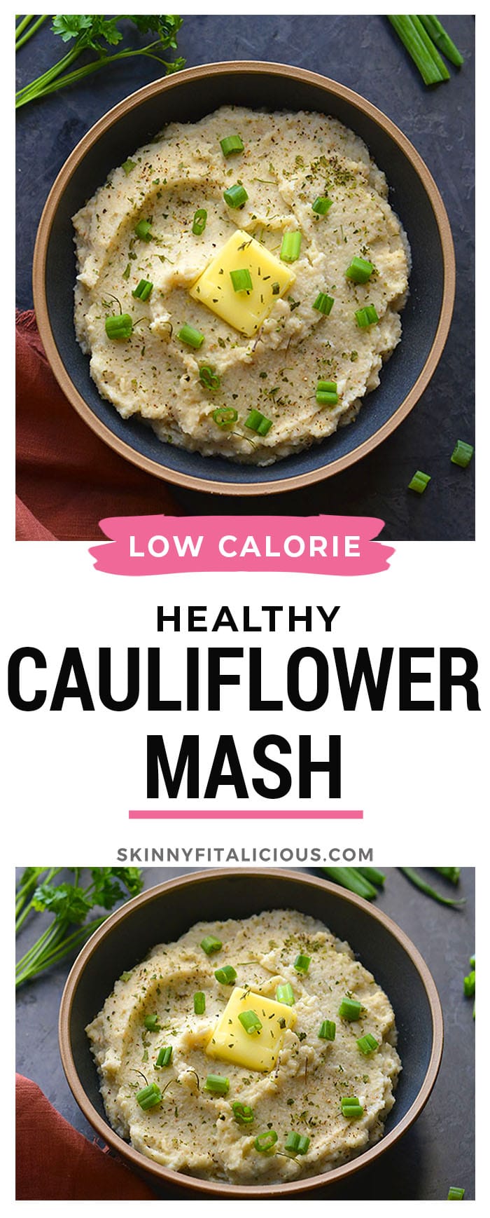Gluten Free Roasted Garlic Cauliflower Mash! These creamy "potatoes" are a healthy low carb alternative to mashed potatoes. Made with simple, real food ingredients with the same consistency as real potatoes. Whole30 + Low Carb + Paleo + Gluten Free + Vegan + Low Calorie