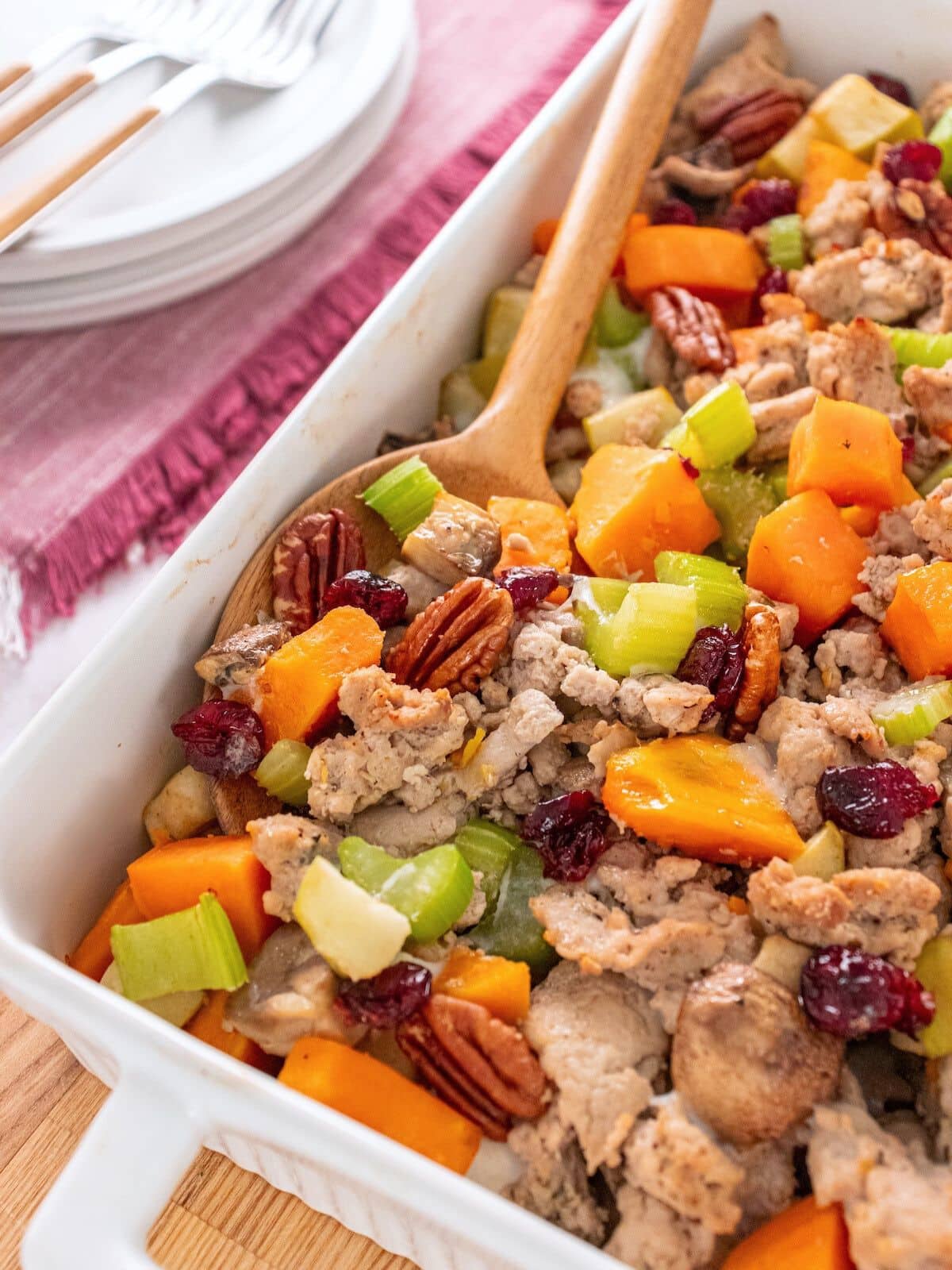 Gluten free stuffing in a baking dish.