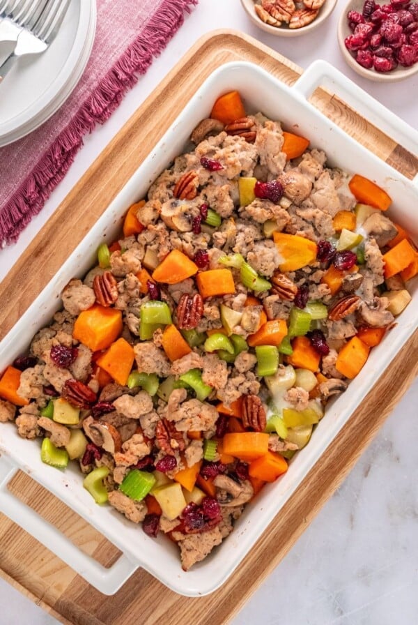 Gluten free stuffing in a baking dish.