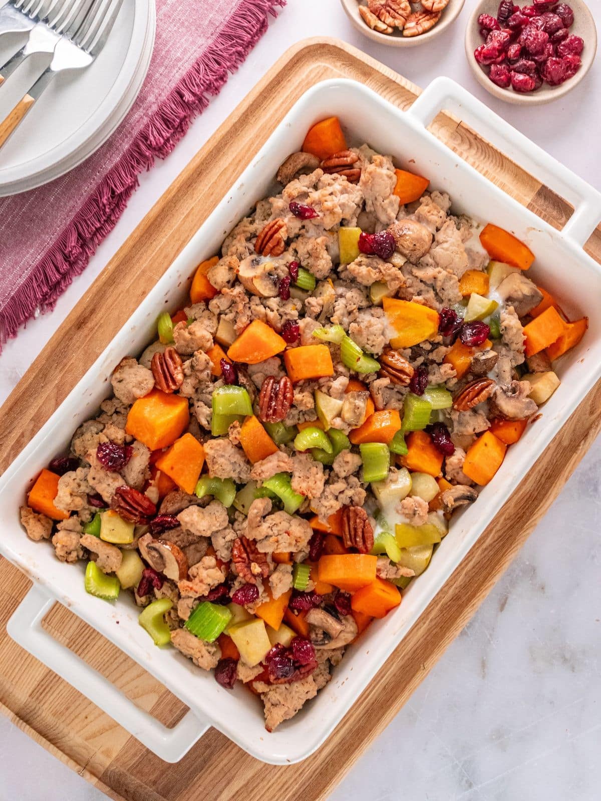 Gluten free stuffing in a baking dish.