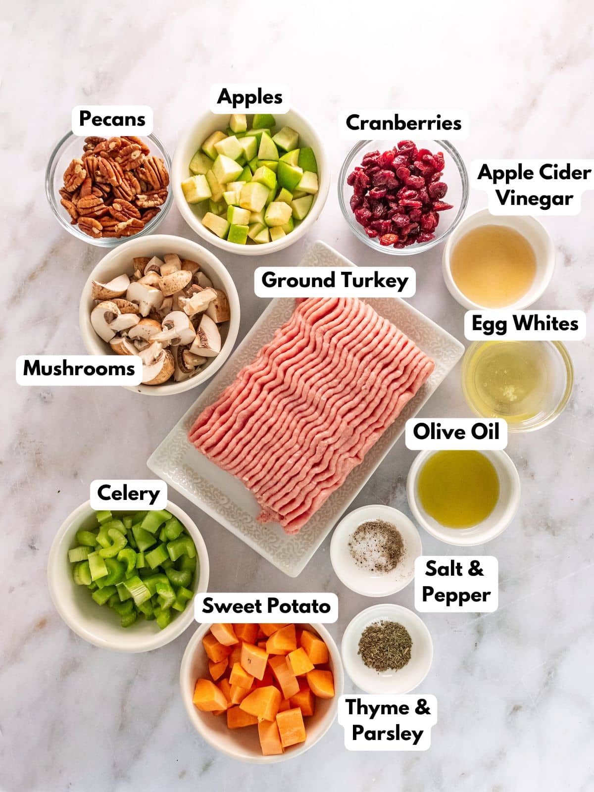 Ingredients for making gluten free stuffing in bowls.