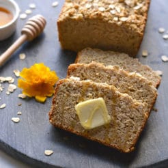 Savory Honey Oat Bread made gluten free with simple ingredients and lightly sweetened with honey. A delicious gluten free bread made in one bowl. Gluten Free + Low Calorie