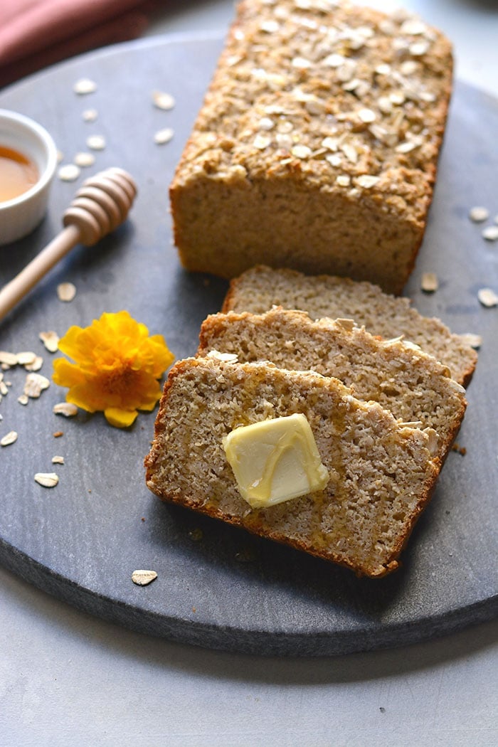 Savory Honey Oat Bread made gluten free with simple ingredients and lightly sweetened with honey. A delicious gluten free bread made in one bowl. Gluten Free + Low Calorie