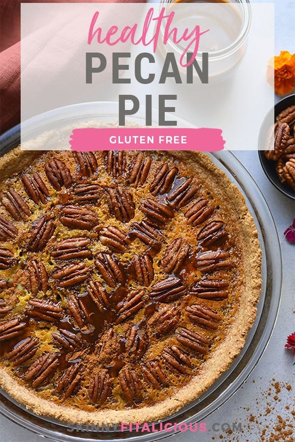 Healthy Caramel Pecan Pie! The best pecan pie made lower in sugar, lightener with less fat topped over a super simple 3 ingredient gluten free crust. The only pie you will ever want to make! Gluten Free + Low Calorie
