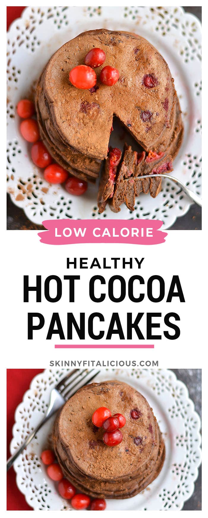 Cranberry Cocoa Pancakes! These pancakes taste like hot cocoa without the calories! High in antioxidants and packed with protein, these crepe-like pancakes are bursting with natural sweetness.