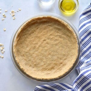 A healthy pie crust recipe baked and sitting on a counter.