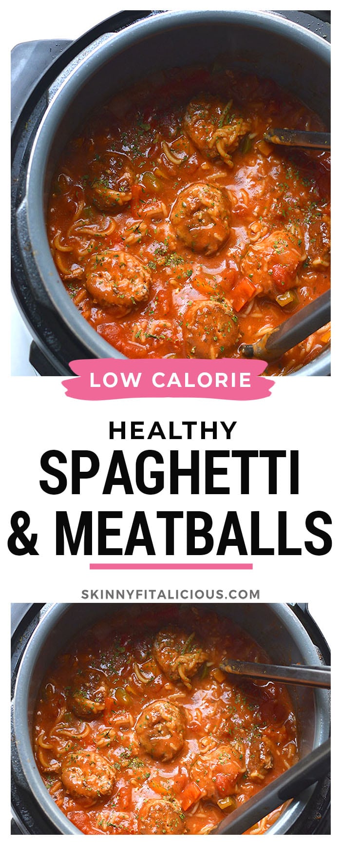 Instant Pot Spaghetti and Meatballs! A delicious one pot meal with chicken meatballs and a homemade tomato sauce. A lighter and healthier meal made in a pressure cooker with gluten free chickpea spaghetti.