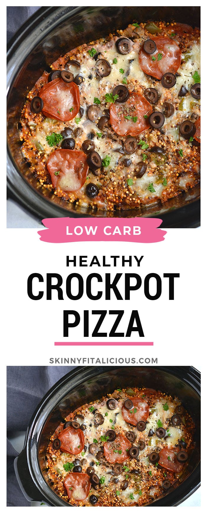 Crockpot Pizza Quinoa! This easy and healthy slow cooker meal is a lighter version of pizza with healthier ingredients. Nourishing, tasty and customizable. Gluten Free + Low Calorie