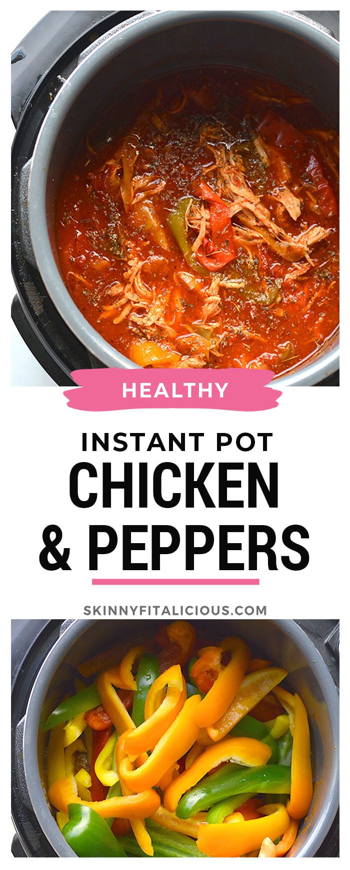 This Instant Pot Chicken and Peppers recipe is an easy 30-minute meal made with just 4 ingredients. Flavorful, low in calories and big on taste! Serve over rice, pasta, cauliflower rice or over a salad. A quick and versatile weeknight meal! Gluten Free + Low Calorie + Paleo
